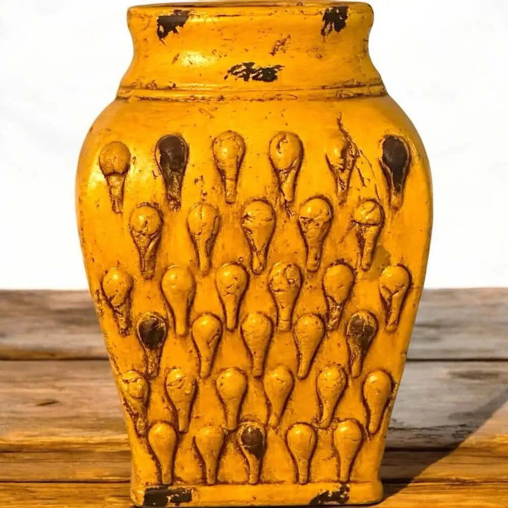 Mid Century Italian Yellow-Gold Distressed Ceramic Pottery 14” Tall Vase Rustic